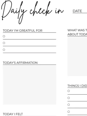Daily check-in journal template with sections for gratitude, best part of the day, today's affirmation, things I did today, and how I felt.