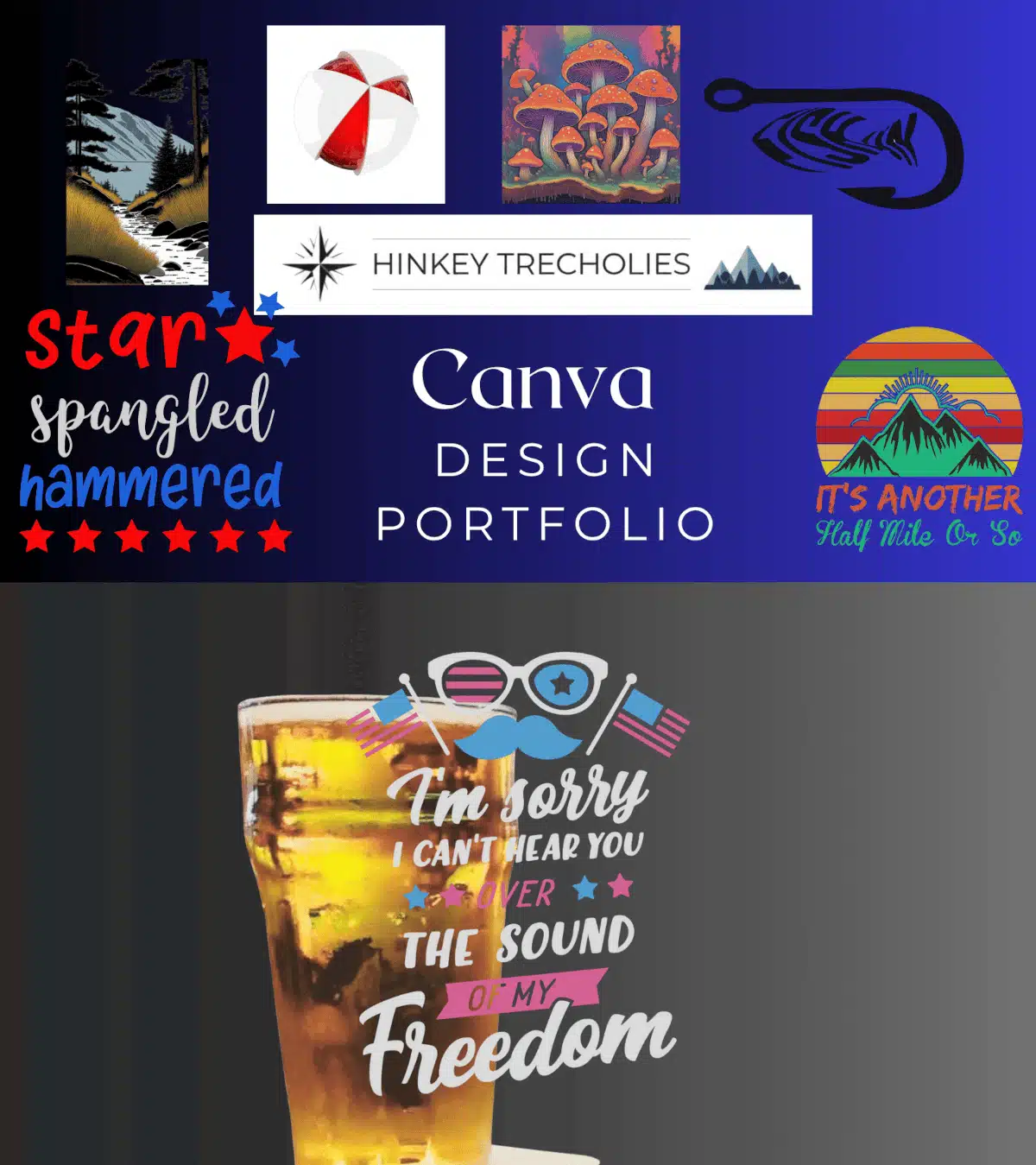 creative canva design with various graphics including landscapes a beach ball mushrooms a fishing hook a logo and text